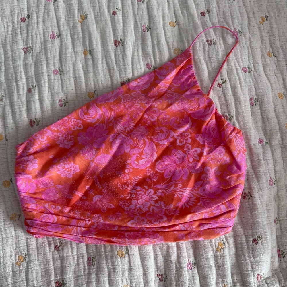 Zara Pink & Orange Floral Asymmetrical Crop Top – Size M